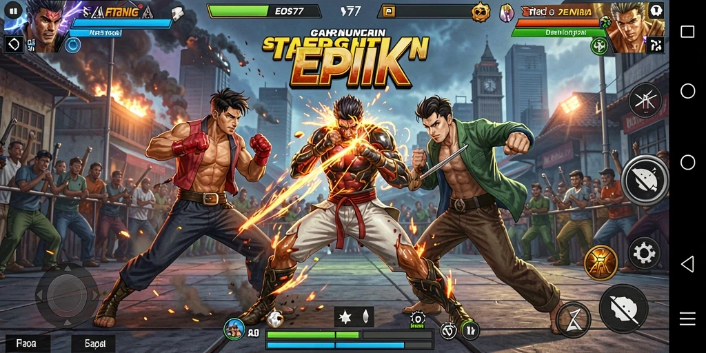 Gameplay EOS77 menampilkan pertarungan intens di arena yang dinamis.