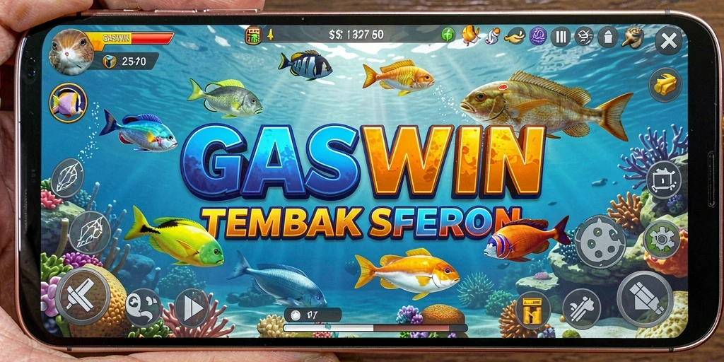 Screenshot utama GASWIN menampilkan aksi tembak ikan yang seru.
