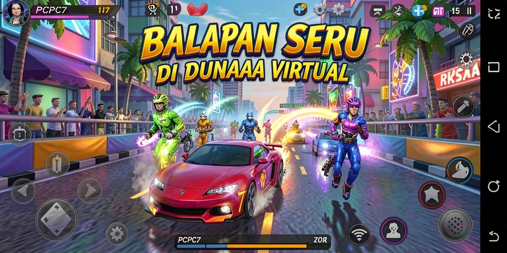 Screenshot gameplay PCPC7 yang menampilkan balapan penuh aksi.