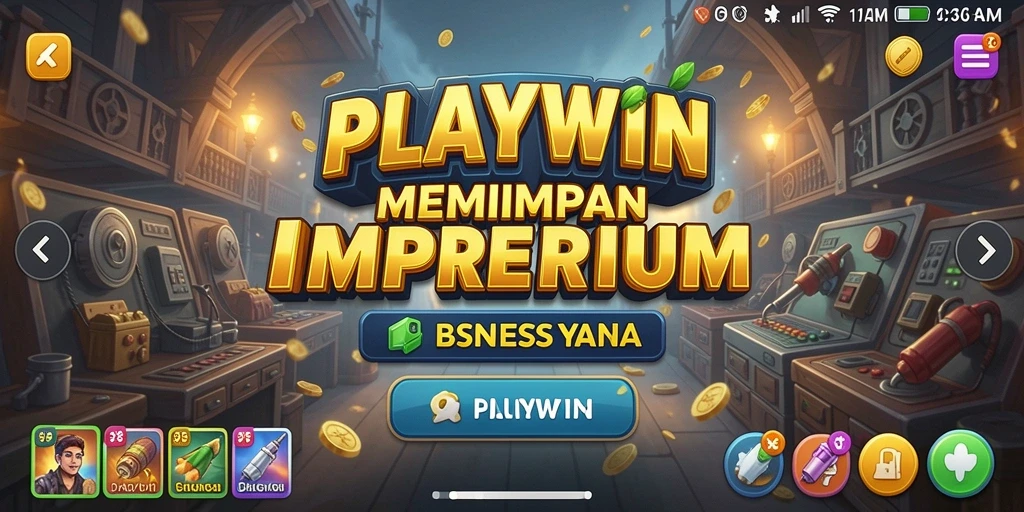Screenshot utama PLAYWIN menampilkan gameplay manajemen bisnis yang strategis.