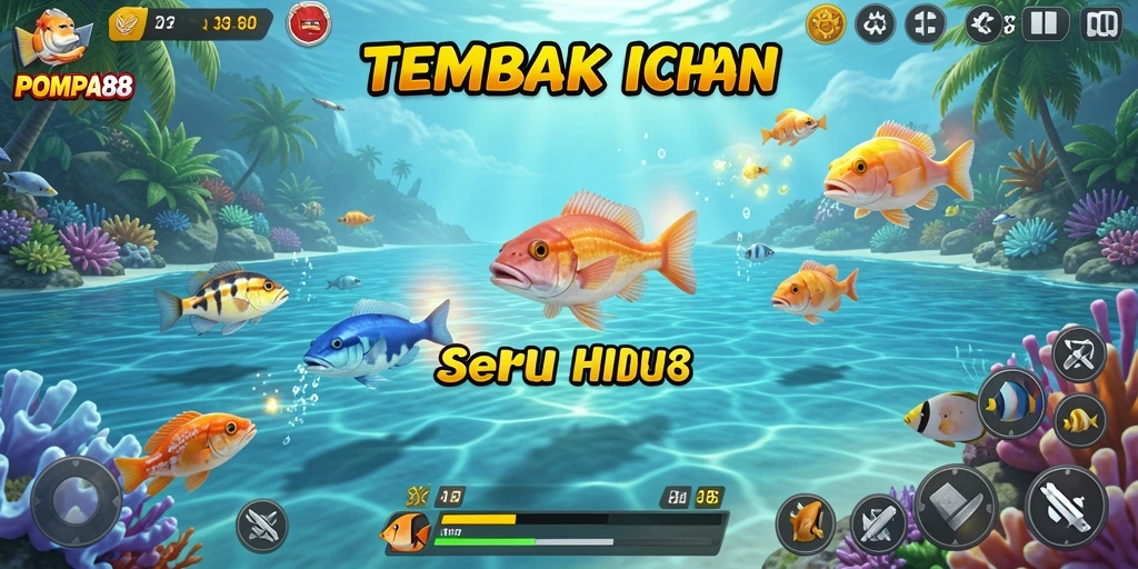 Tampilan gameplay seru POMPA88 dengan aksi Tembak Ikan yang mendebarkan.