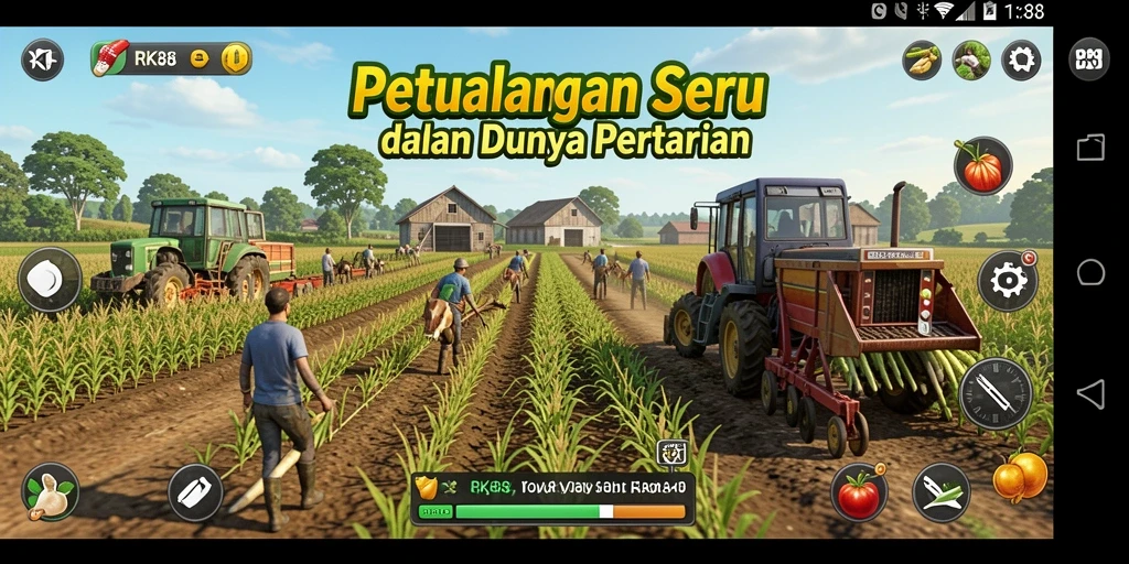 Screenshot menampilkan gameplay RK88 dengan kebun yang indah.