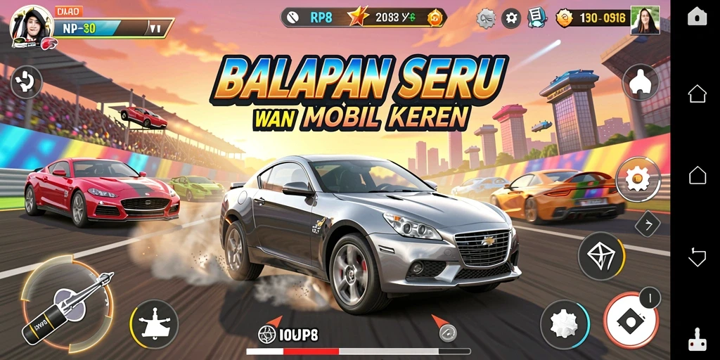 Tampilan gameplay RP8 dengan mobil balap melaju kencang di trek.